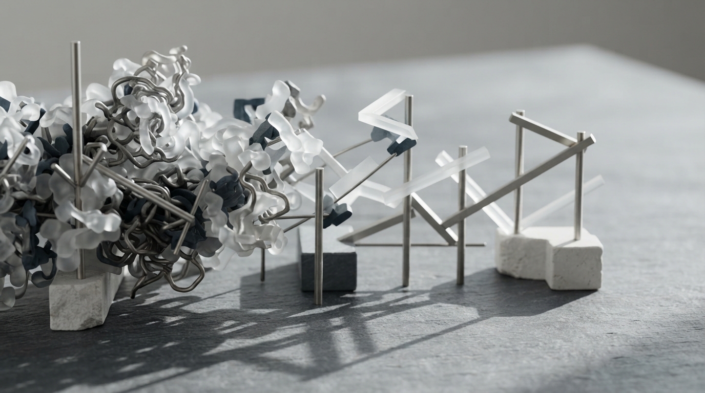 A sculptural arrangement of frosted acrylic and metal rods transitioning from a complex tangle into a clean geometric alignment on a slate table.