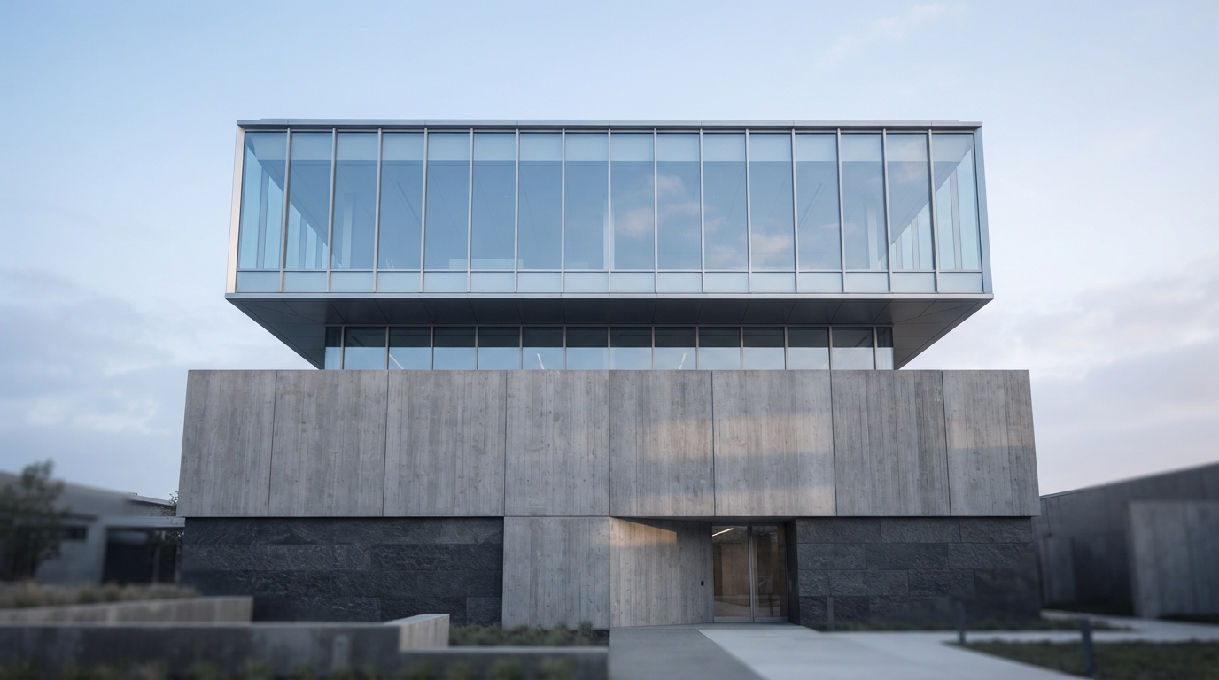 Low-angle view of a two-story modern building with a heavy concrete base and an airy glass and steel upper level.