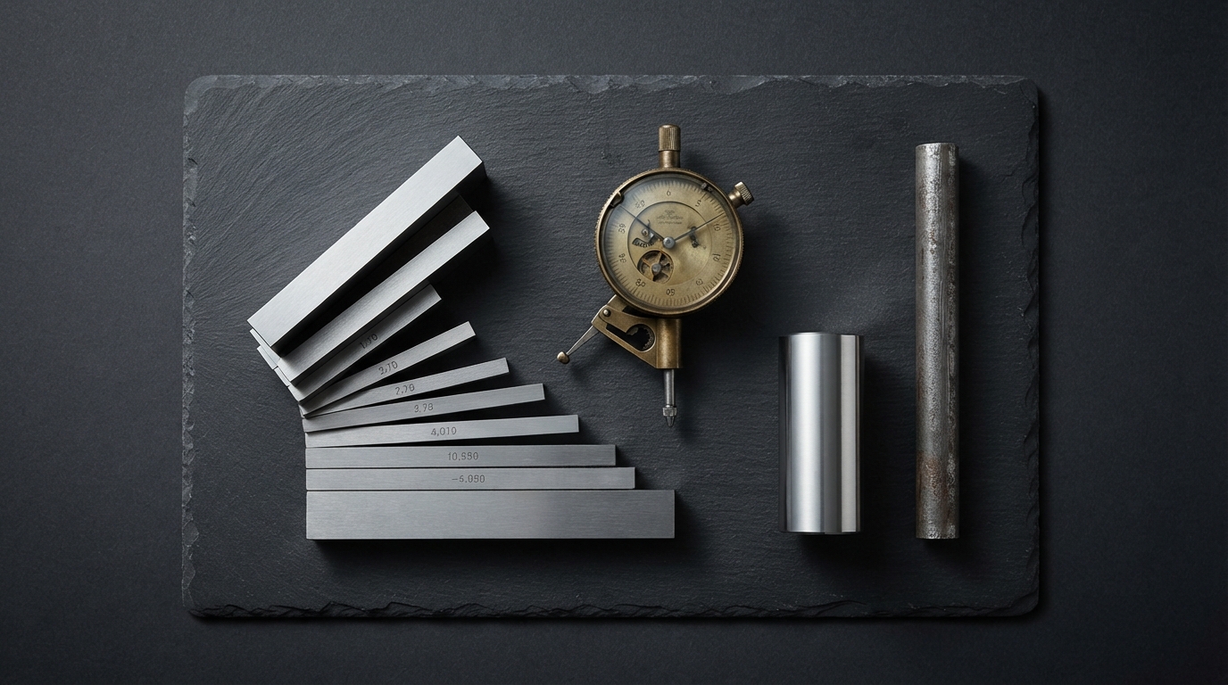 Precision steel gauge blocks, a brass dial indicator, and a polished metal cylinder resting on a dark slate surface.