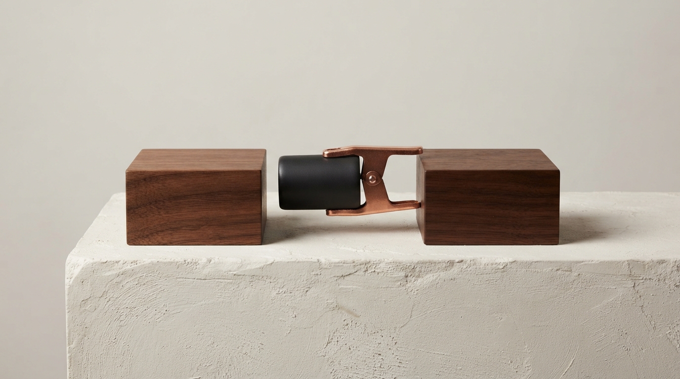 Two dark walnut blocks separated by an air gap, temporarily bridged by a black ceramic cylinder and copper clamp on a plaster pedestal.