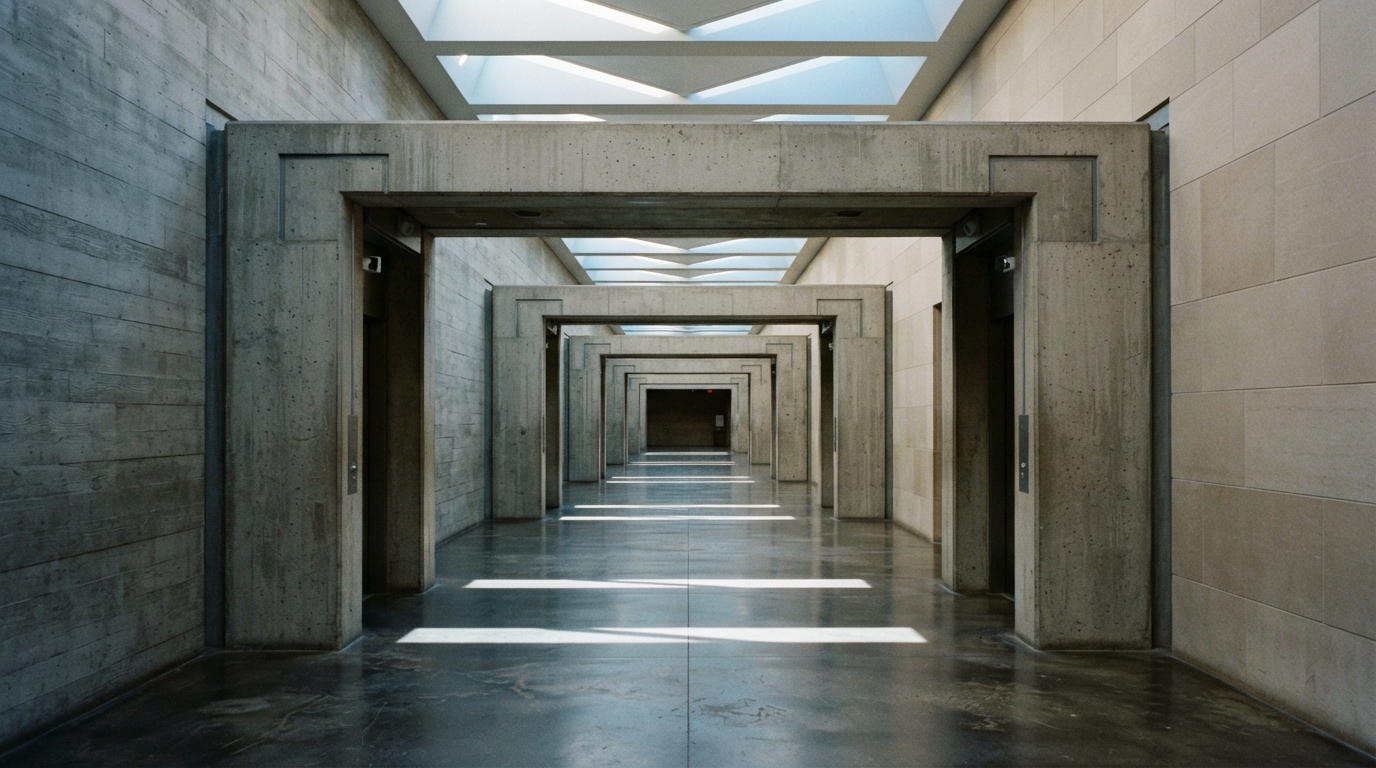 A linear sequence of minimalist concrete doorways stretching down an empty institutional corridor under geometric skylights.